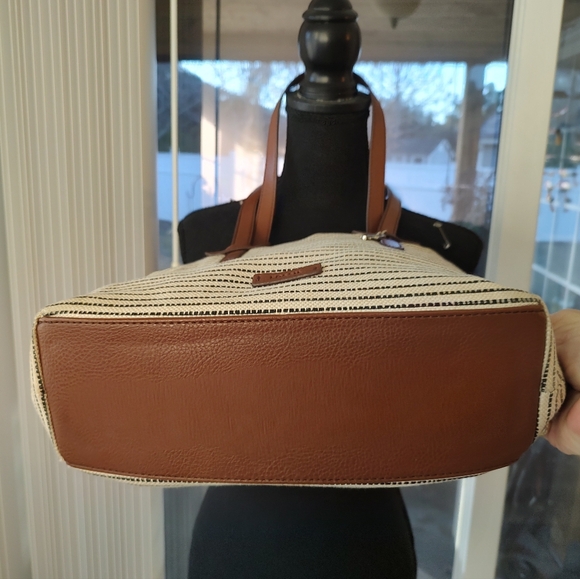 Striped Canvas Tote Bag with Brown Leather Trim - Picture 2 of 2